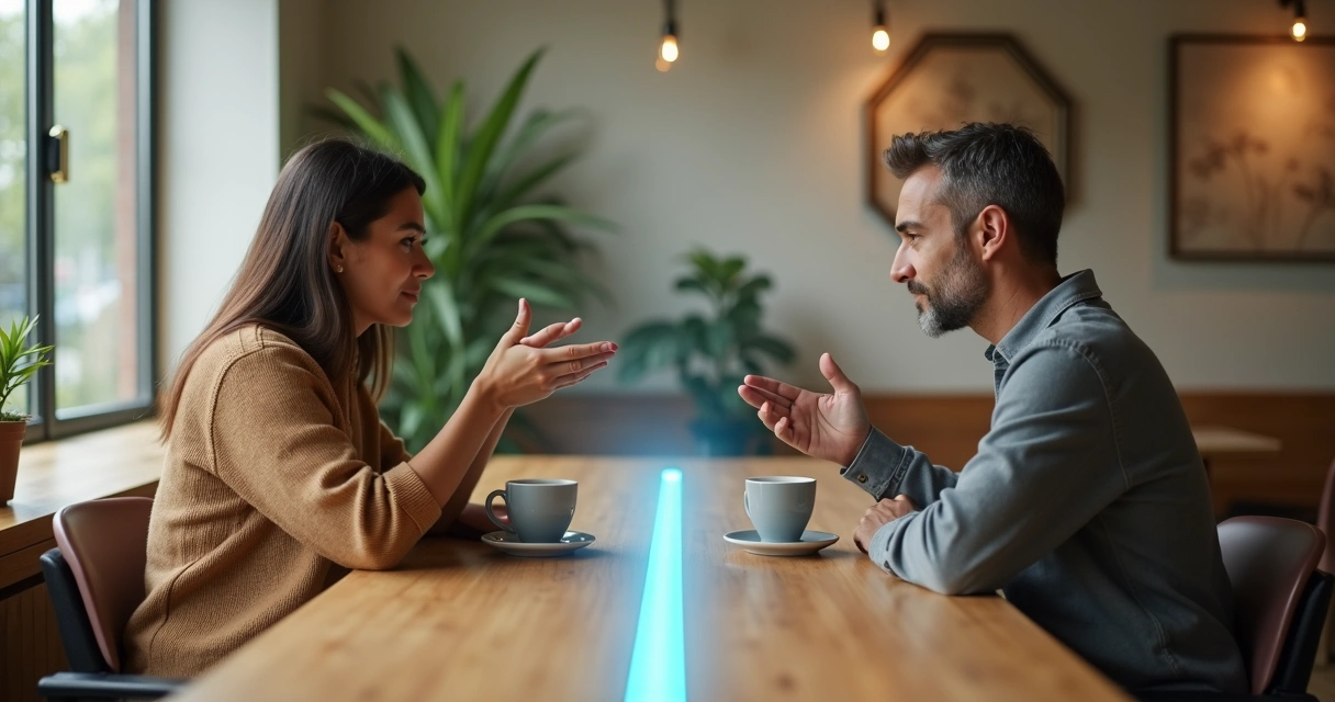 Duas pessoas em mesa de café separadas por linha luminosa suave sobre a mesa 