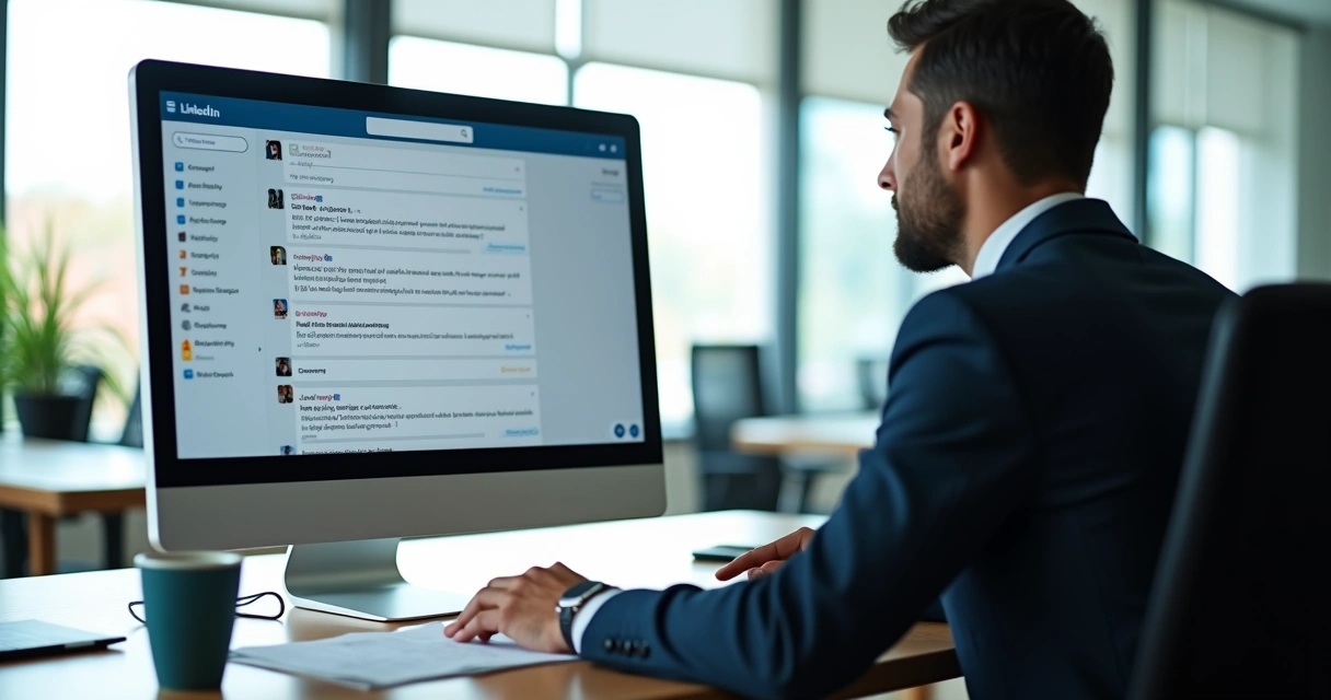Profissional B2B conversando via LinkedIn DM no computador 