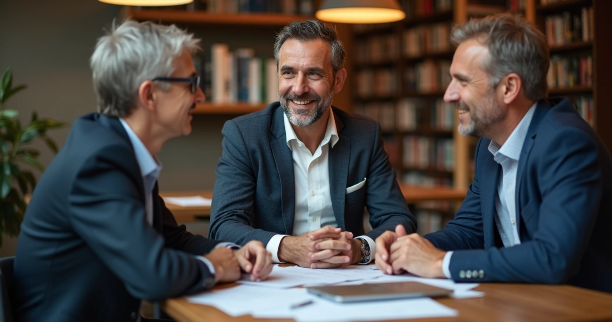 Executivos trocando ideias em volta de mesa de café 