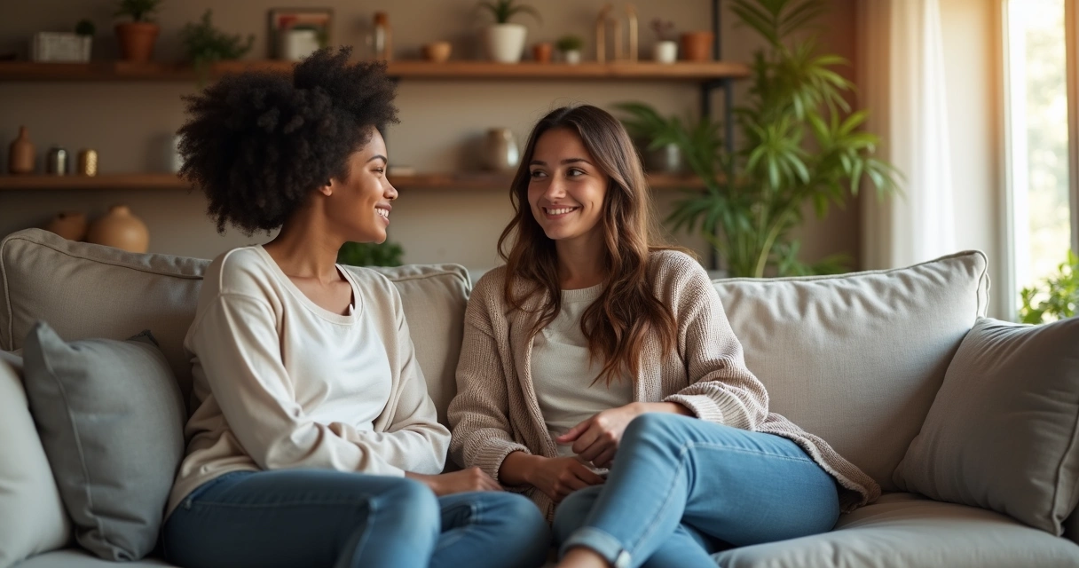 Mãe e filha sentadas em sofá conversando sobre problemas, expressão de atenção e carinho