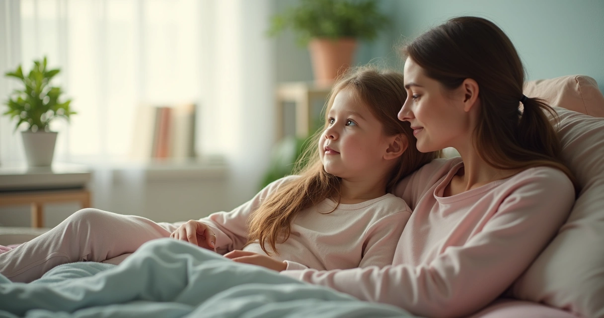 Mãe e filha adolescente conversando sentadas no quarto