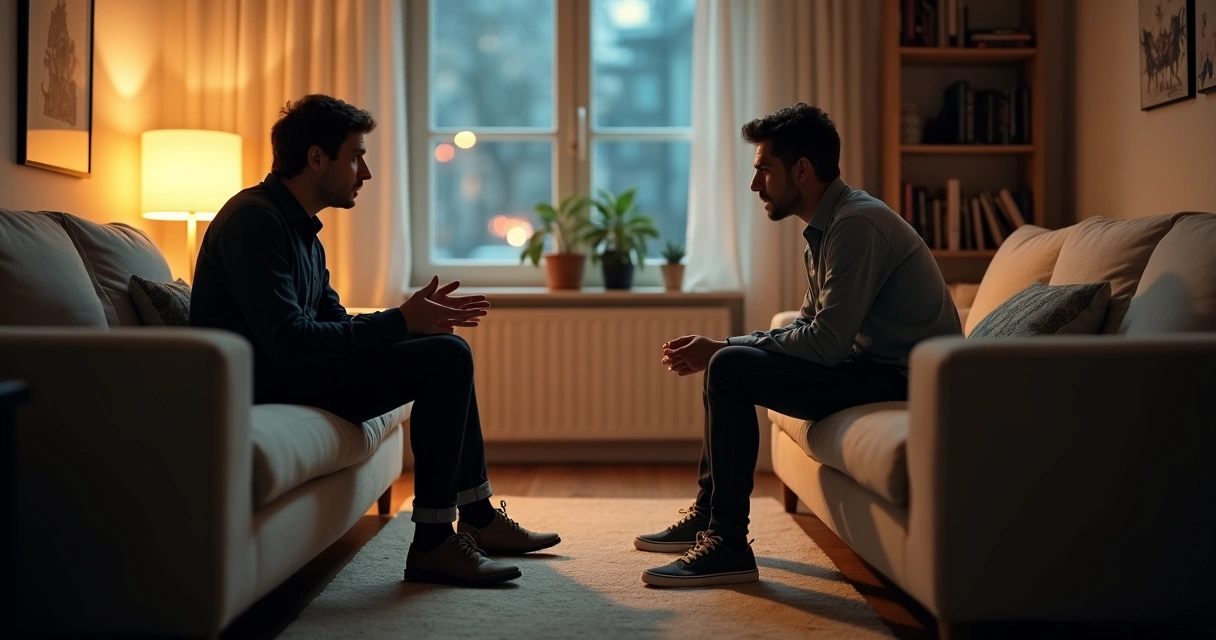 Dois adultos conversando em sofá com manipulação sugerida por sombras entre eles 