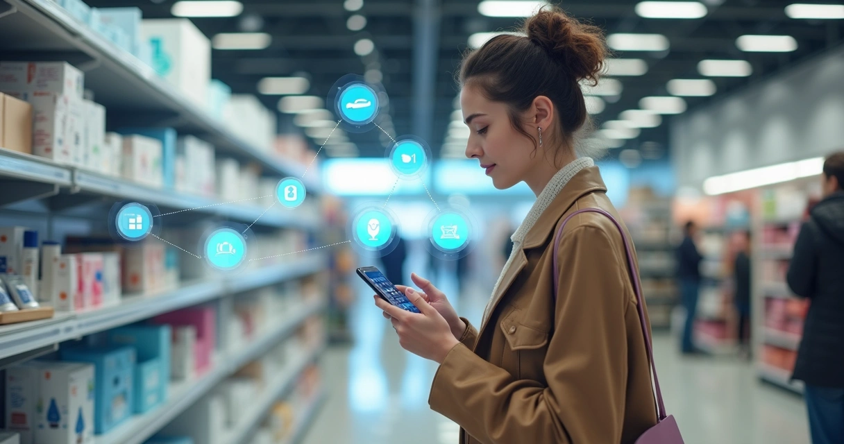 Cliente conversa com marca usando assistente de voz em loja de departamento 