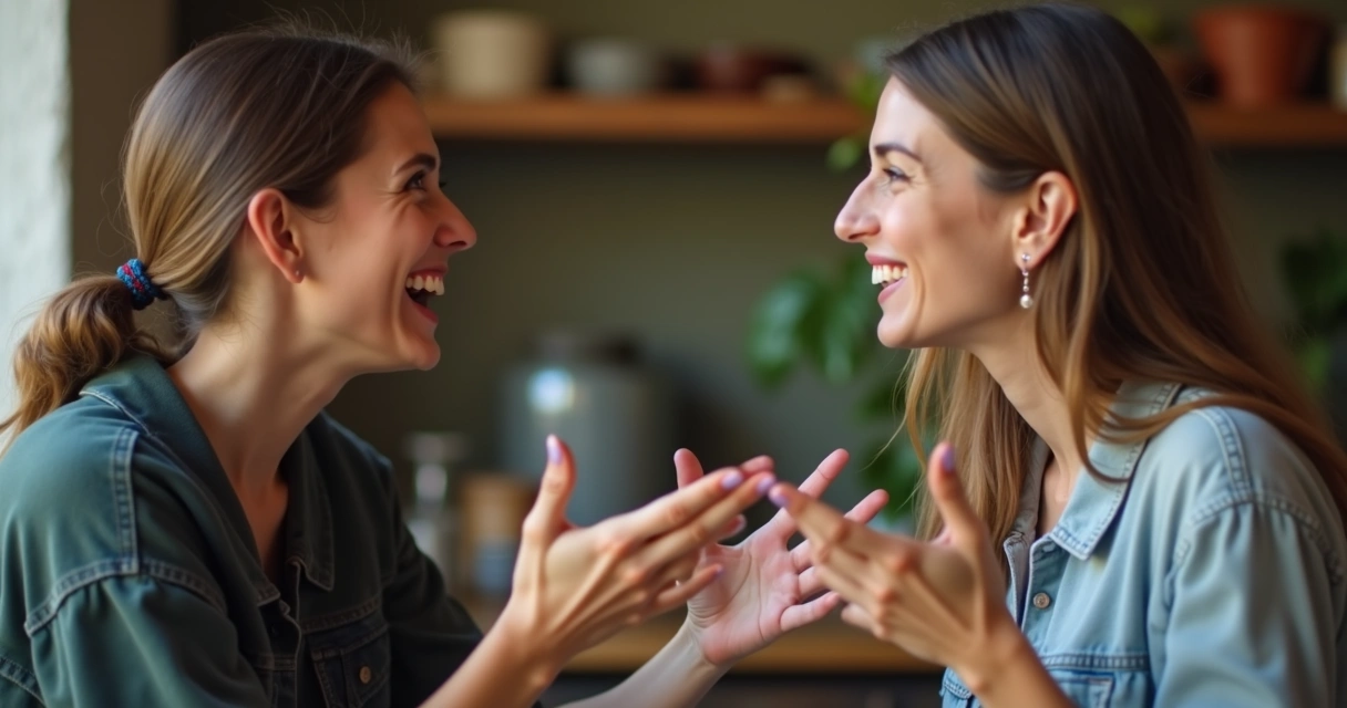 Duas pessoas conversando animadamente em um ambiente informal, simbolizando marketing boca a boca 
