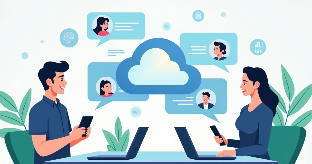 Ilustração corporativa mostrando comunicação digital entre humanos e agentes de inteligência artificial em plataforma de marketing