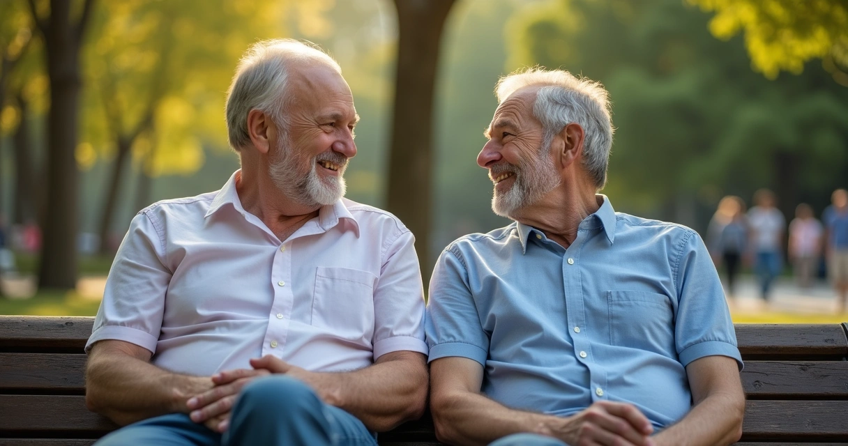 Dois homens conversando sentados em banco de praça, em clima de amizade, ambiente urbano. 