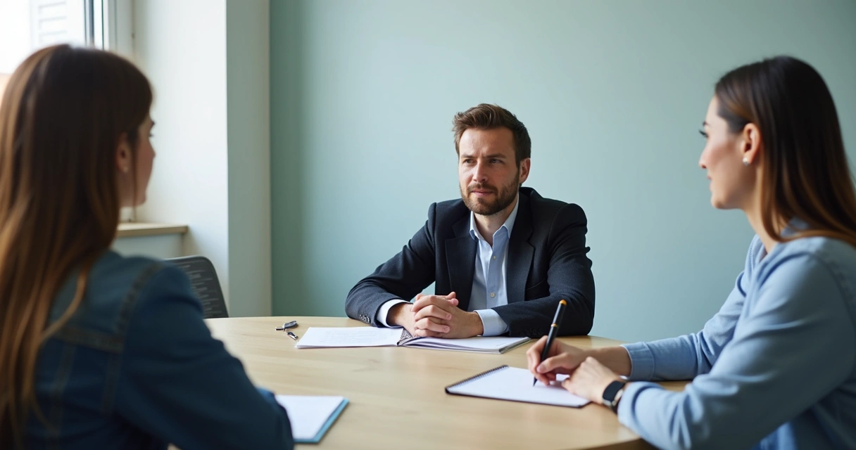 Duas pessoas em conversa mediada com anotações na mesa 
