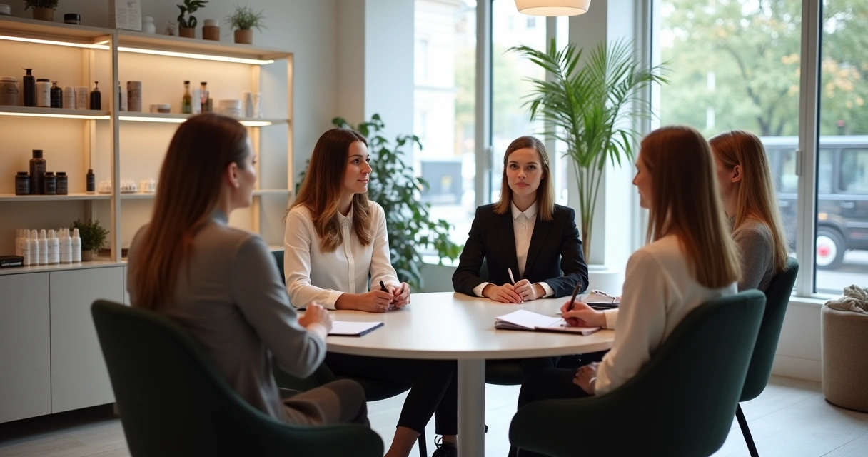 Profissionais de beleza em reunião na sala, discutindo em círculo 