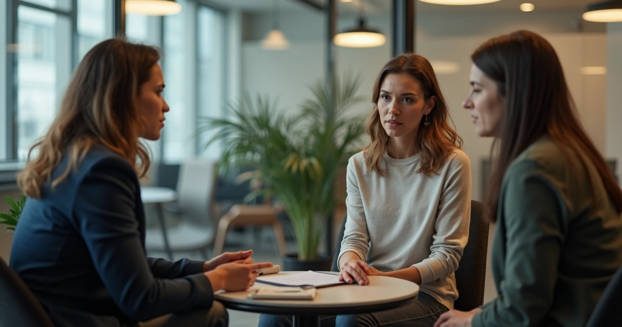 Duas pessoas em mediação respeitosa no ambiente de trabalho 