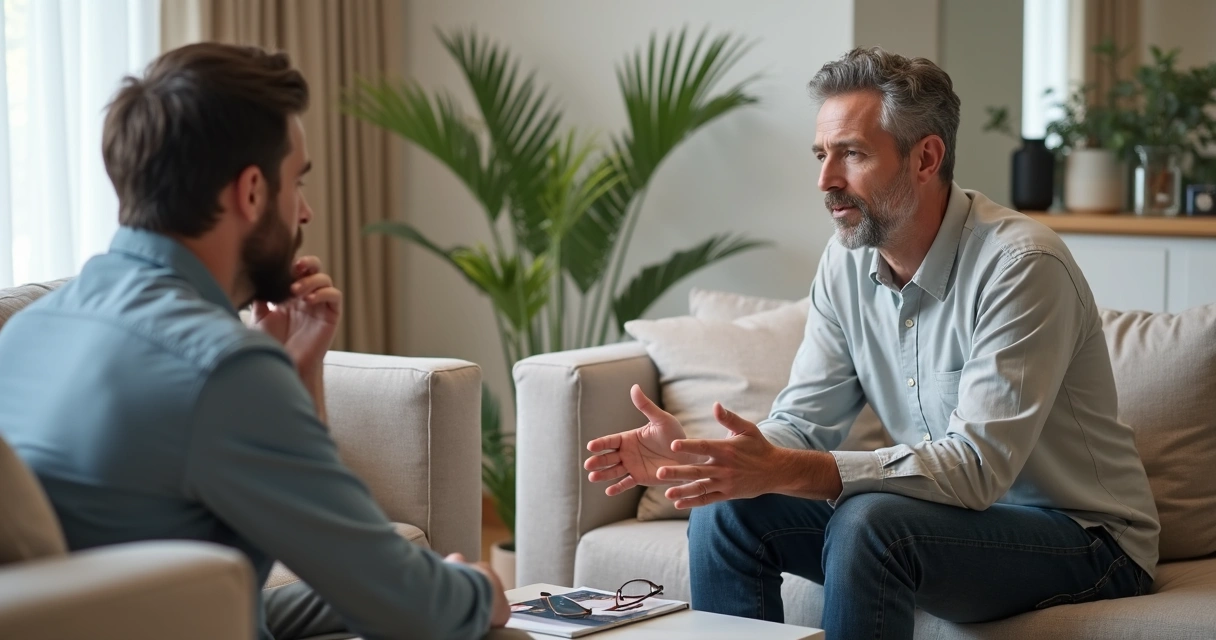 Duas pessoas conversando com calma em uma sala de estar 