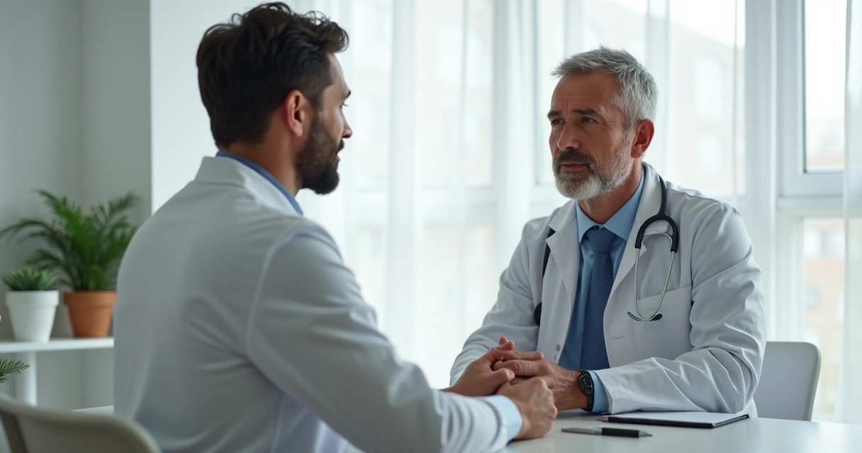 Paciente conversando com médico em consultório acolhedor