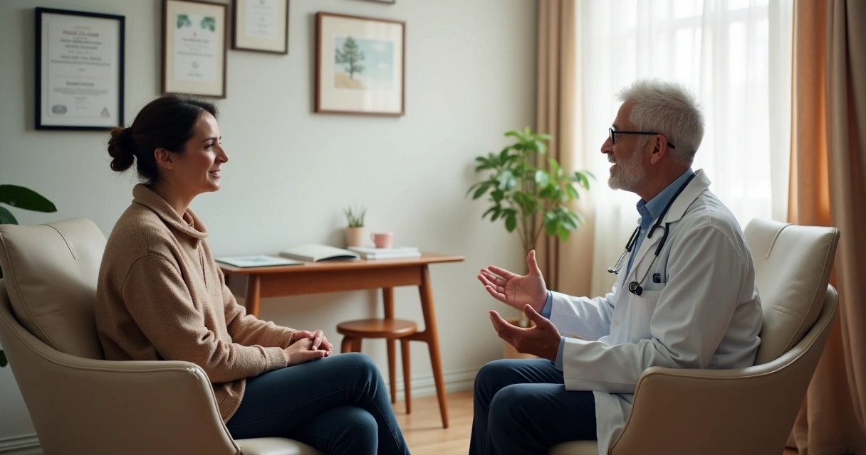Médico conversando com paciente em ambiente acolhedor 