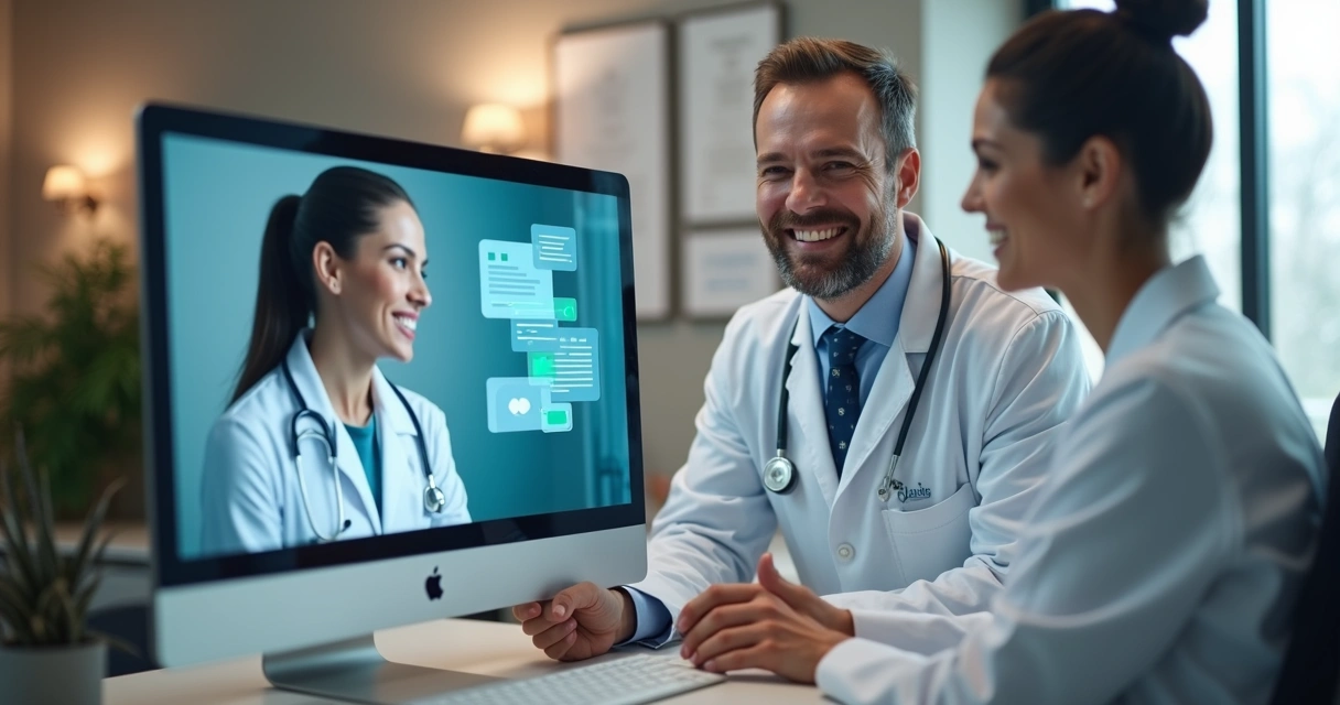 Médico e paciente conversando em uma videoconferência digital 