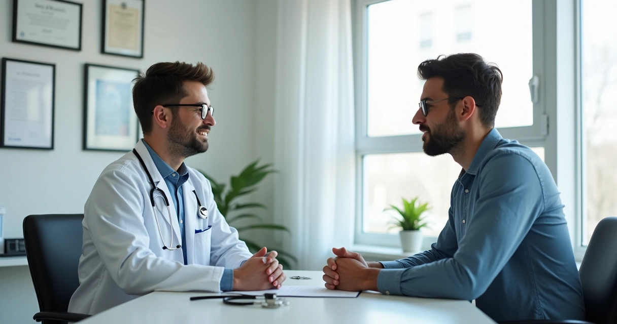Médico urologista conversando com paciente sentado no consultório 
