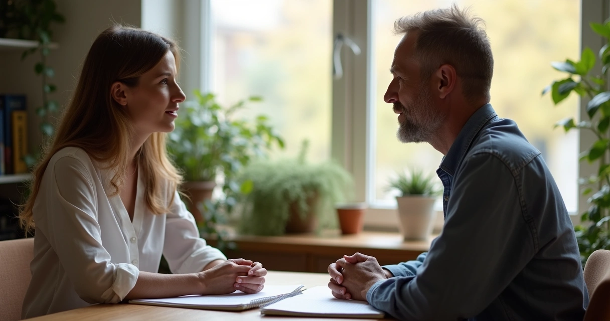 Dois adultos sentados frente a frente dialogando em um ambiente aconchegante, transmitindo empatia durante uma sessão de mentoria 