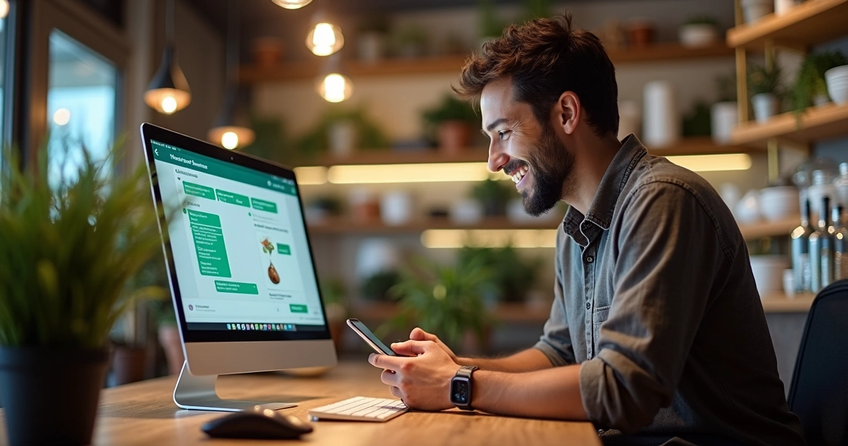 Vendedor respondendo clientes no WhatsApp Business e computador com vitrine digital