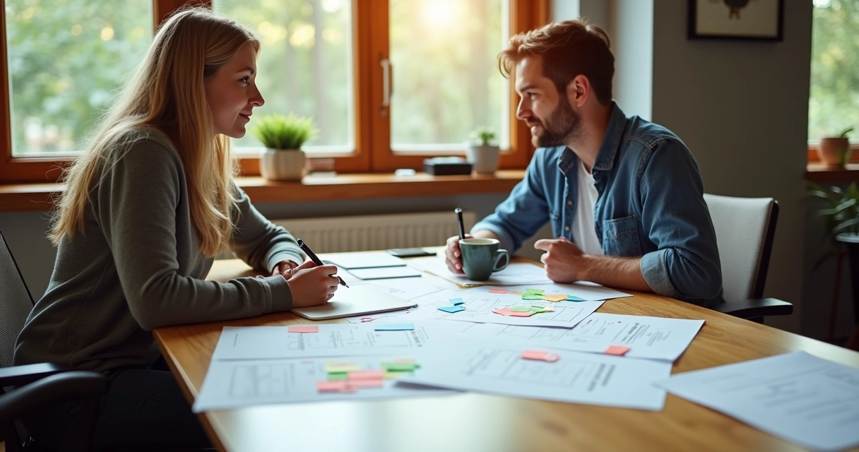 Duas pessoas conversando sobre metas em ambiente de escritório 