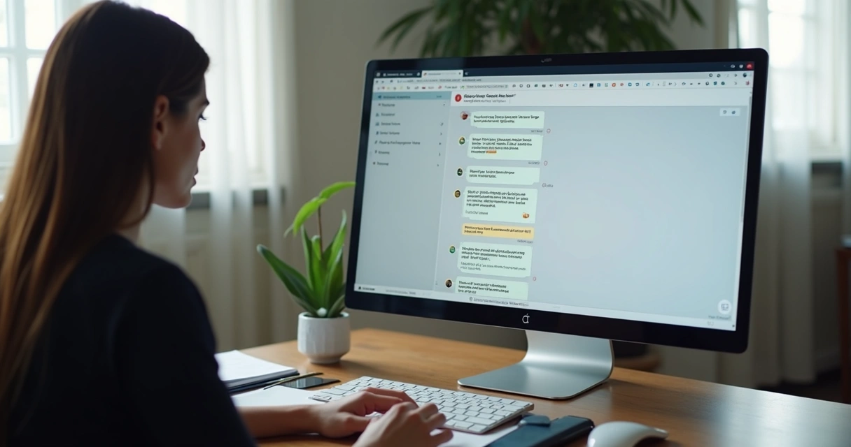 Pessoa revisando conversa online em tela com alertas de moderação