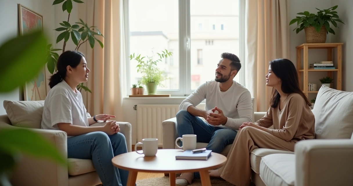 Duas pessoas conversando em sala de apartamento compartilhado 