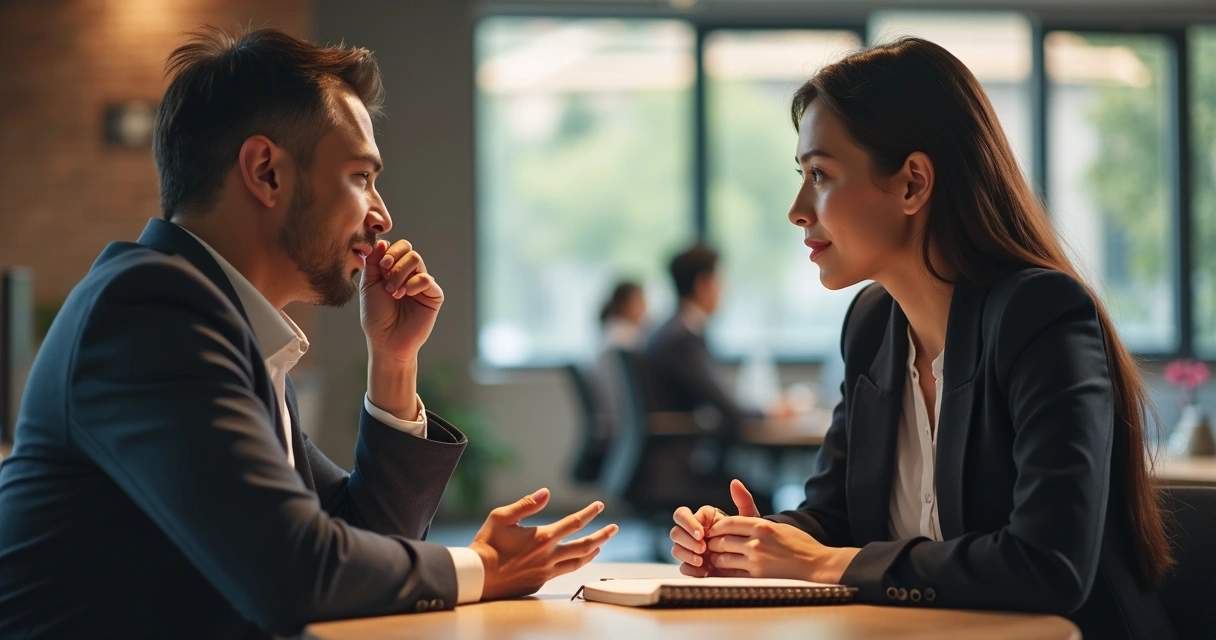 Duas pessoas conversando em idiomas diferentes com escuta atenta