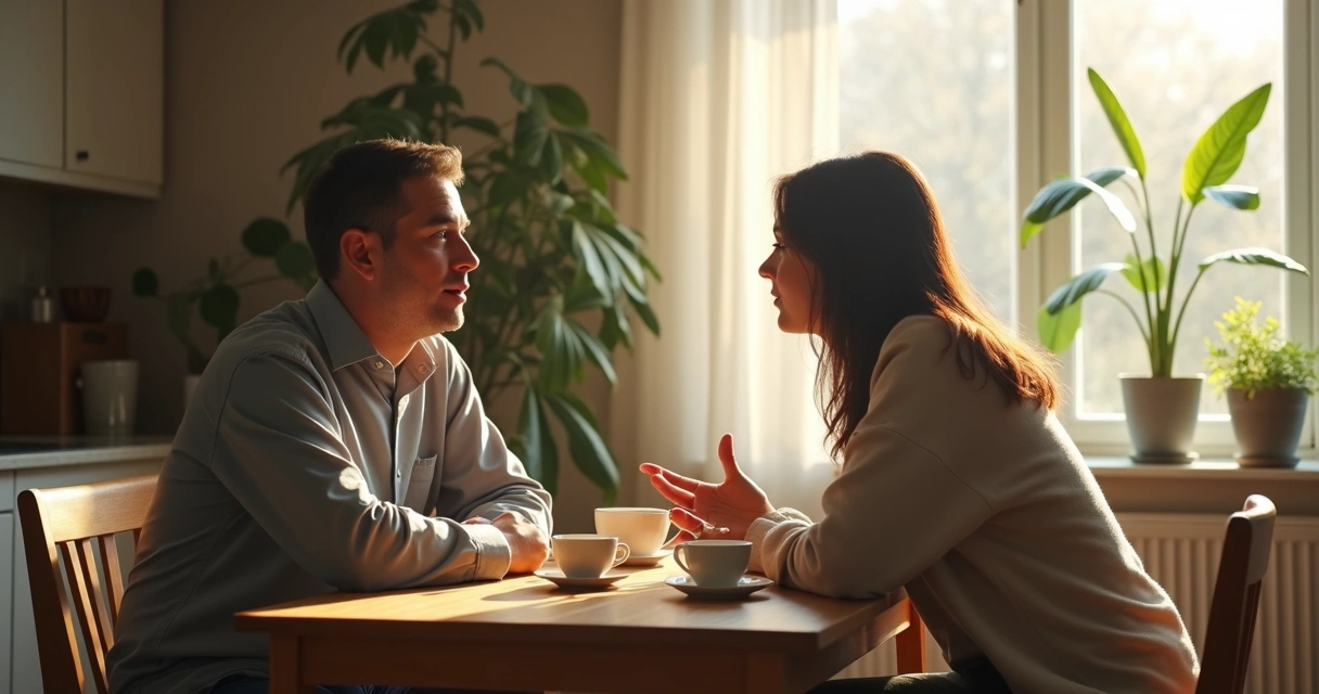 Duas pessoas conversando na cozinha durante o café 
