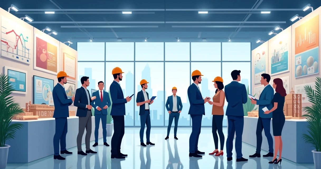 Equipe conversa em feira de engenharia com banners e panfletos. 