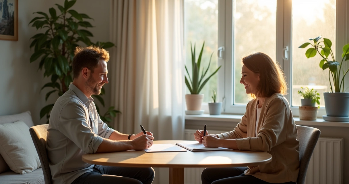 Duas pessoas sentadas, conversando amigavelmente sobre contrato de aluguel. 