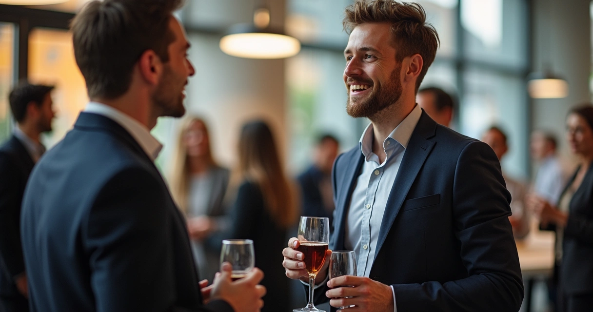 Dois empresários em pé, conversando rapidamente com copos na mão em um evento de networking, ambiente moderno e movimentado