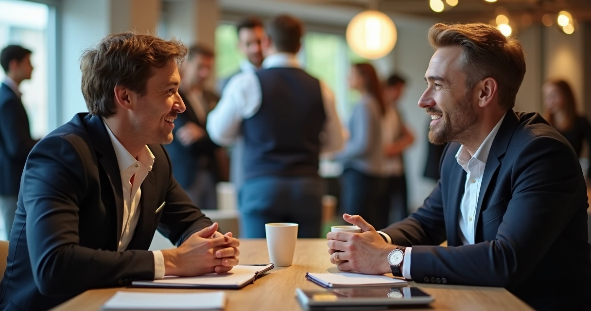 Duas pessoas conversando após evento de networking 