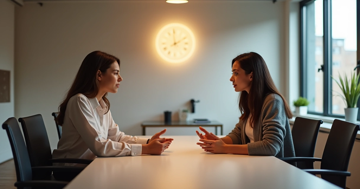 Duas pessoas conversando em uma sala de reunião moderna com luz suave 