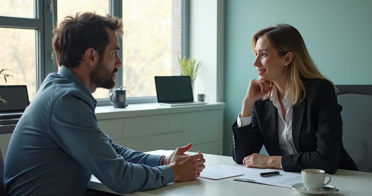 Duas pessoas conversando em uma sala de reunião, ambiente corporativo com expressão atenta e acolhedora 
