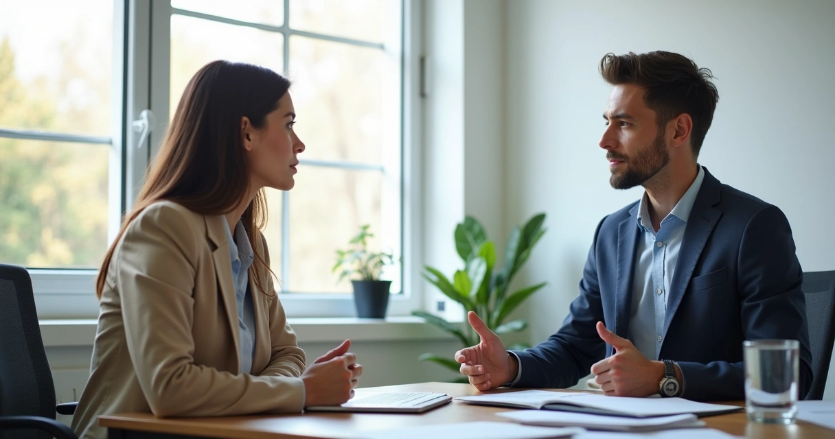 Duas pessoas conversando em escritório com postura segura
