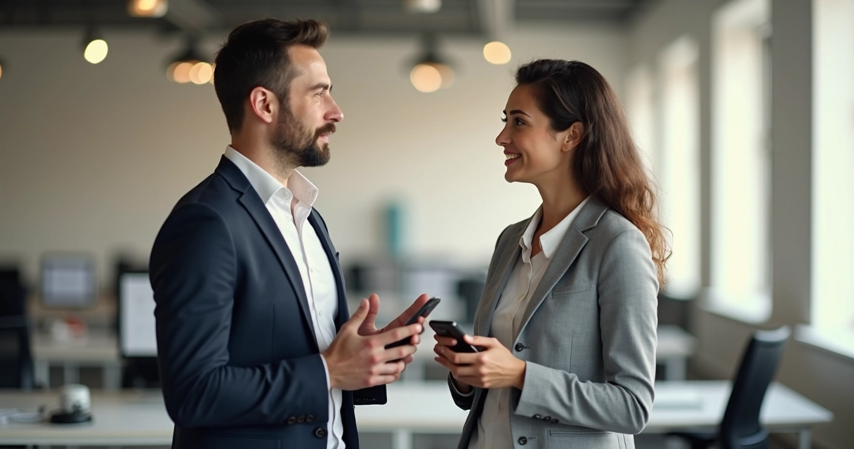 Colegas conversando no escritório sem celulares nas mãos