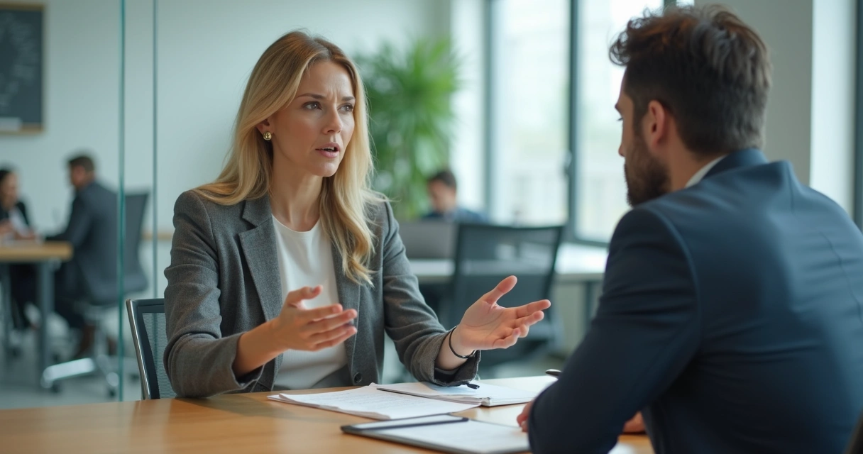 Duas pessoas conversando em sala de reunião com expressão séria