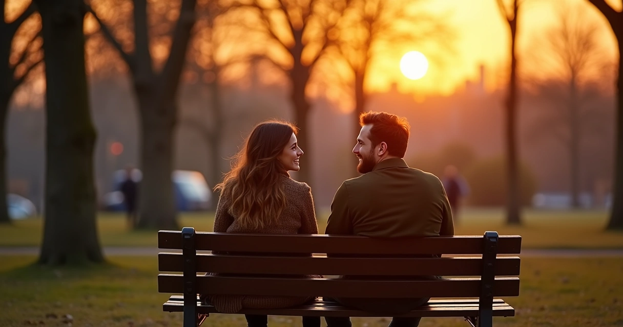 Duas pessoas conversando sentadas em banco de parque ao entardecer 