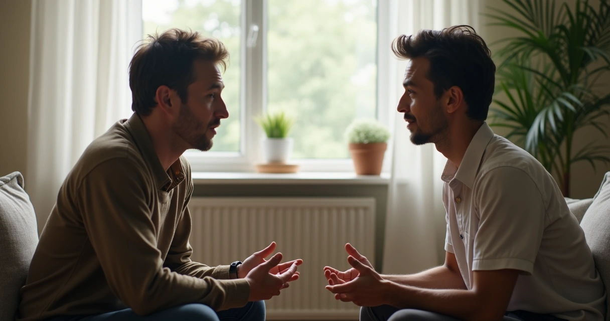 Duas pessoas conversando frente a frente com foco no olhar e na postura