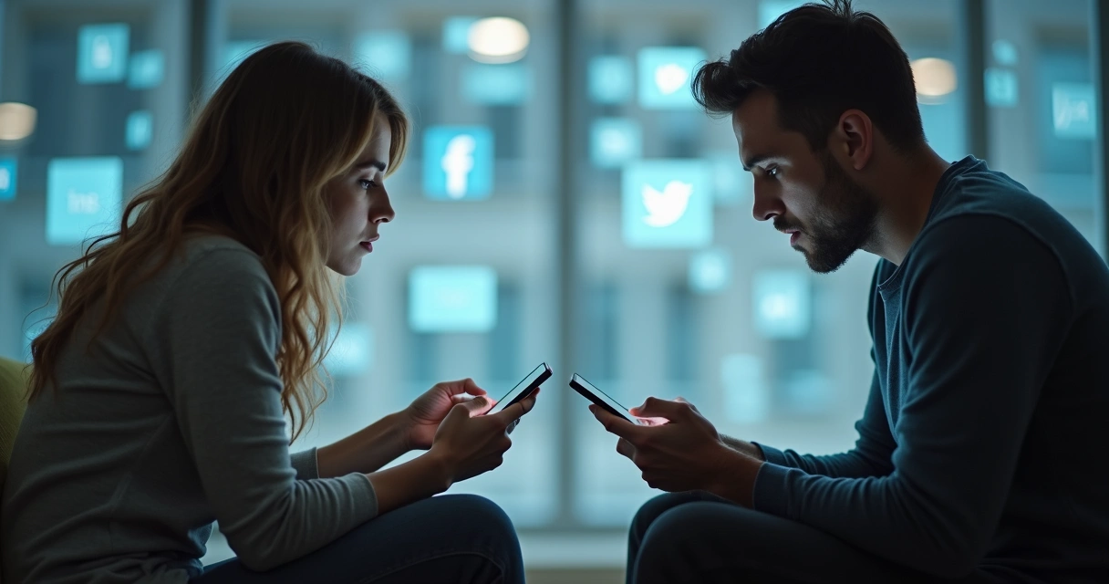 Duas pessoas digitando em celulares com expressões fechadas 