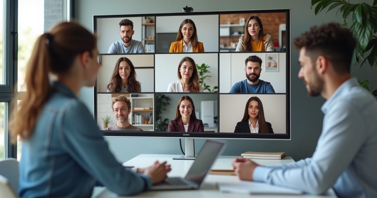 Reunião virtual de equipe com expressões emocionais diversas 