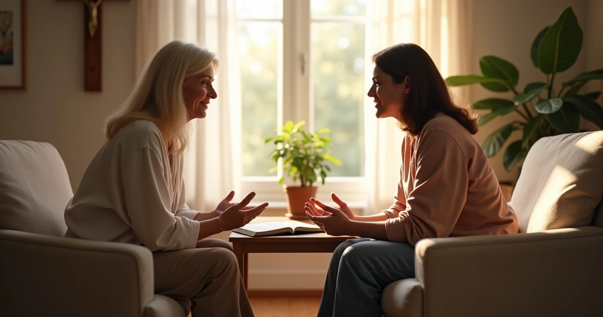 Duas mulheres cristãs conversando pacificamente em ambiente acolhedor com luz natural 