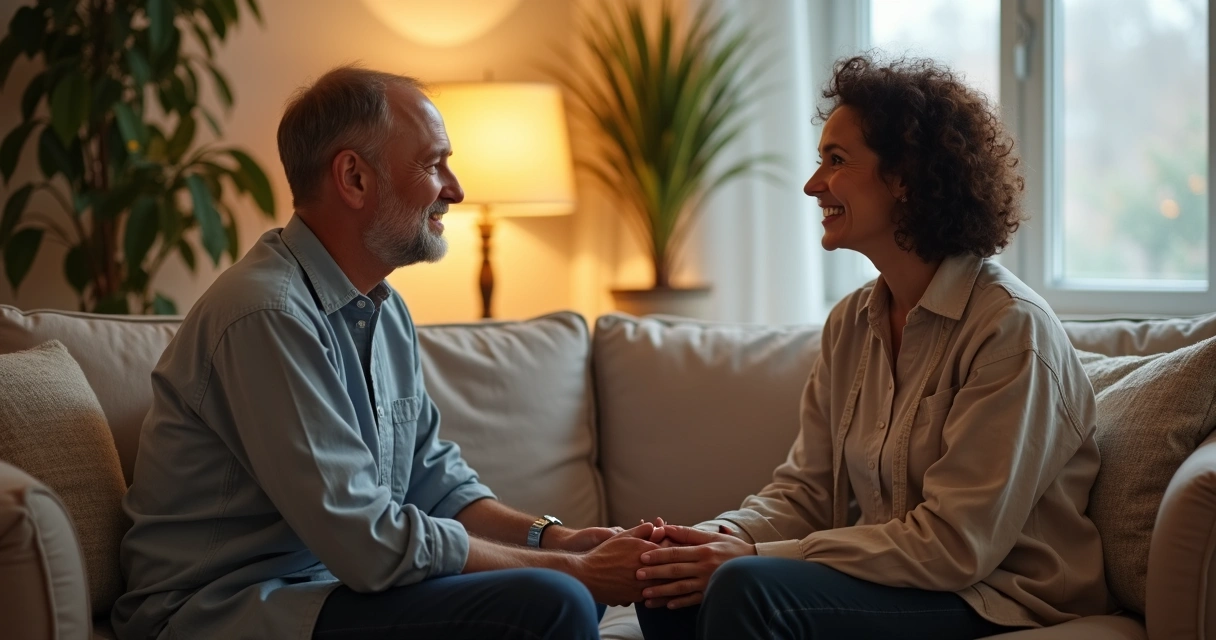 Duas pessoas conversando em ambiente acolhedor, com expressão de apoio mútuo. 