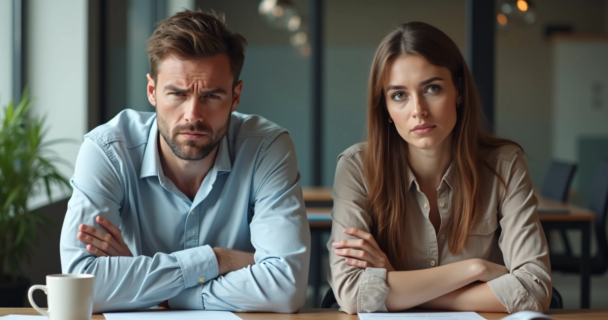 Duas pessoas dialogando com expressões de desconforto lado a lado em ambiente de trabalho 