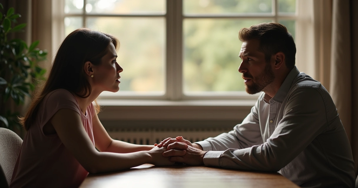 Duas pessoas sentadas uma de frente para a outra, mãos entrelaçadas conversando. 