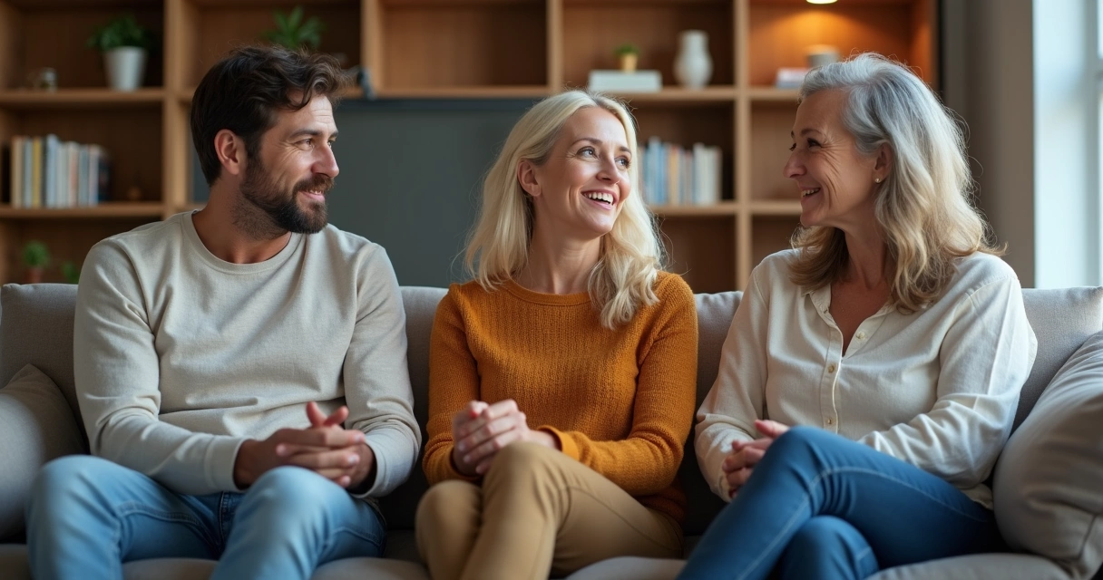 Três pessoas conversando sentadas em um sofá, expressão de escuta atenta 