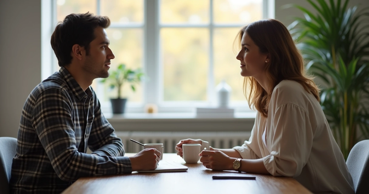 Duas pessoas sentadas frente a frente em uma mesa conversando de forma calma 