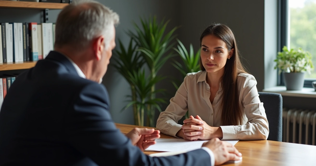 Duas pessoas conversando sentadas à mesa de trabalho.
