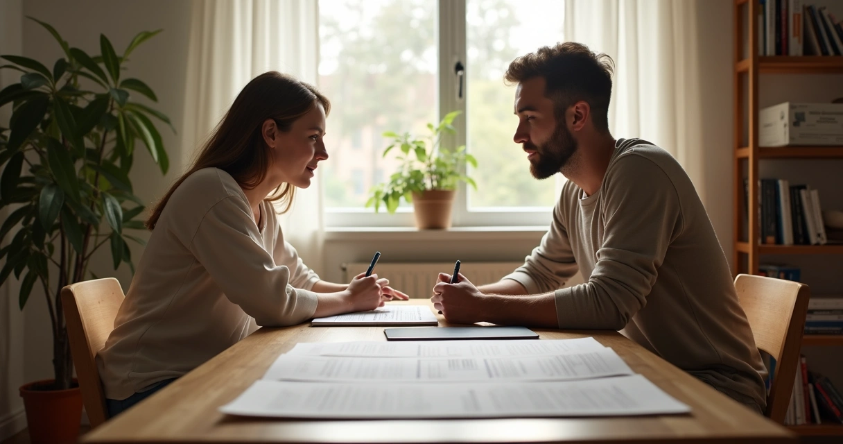 Duas pessoas conversando em mesa com agenda e anotações 