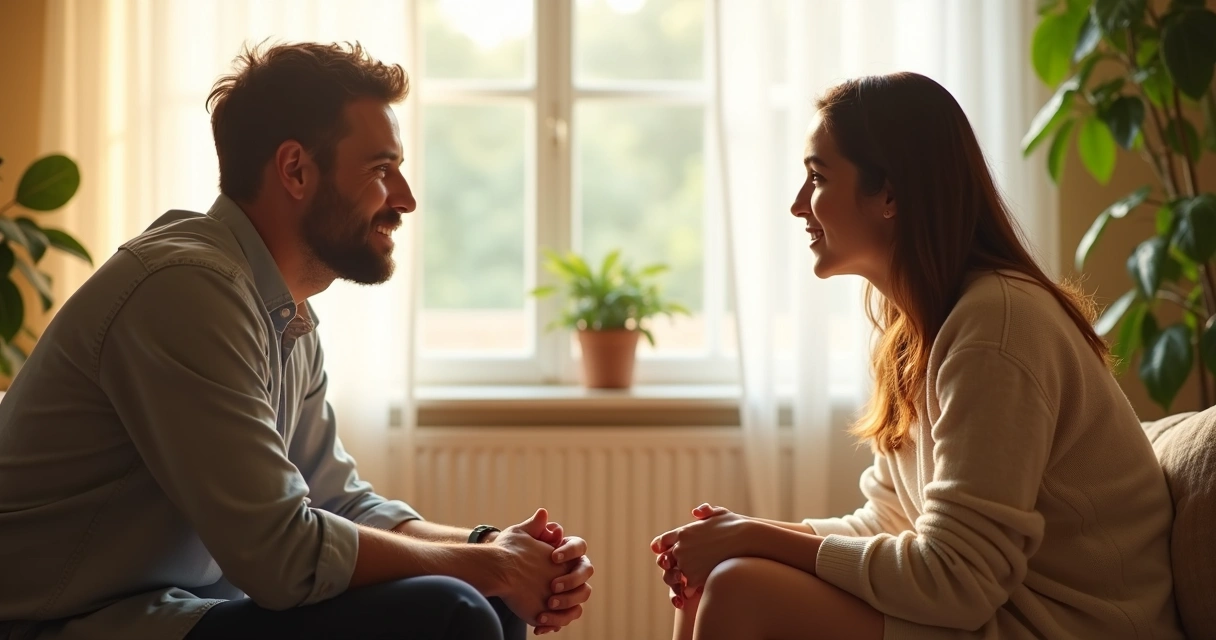 Duas pessoas conversando de forma respeitosa, com expressões serenas, sentadas em uma sala iluminada 