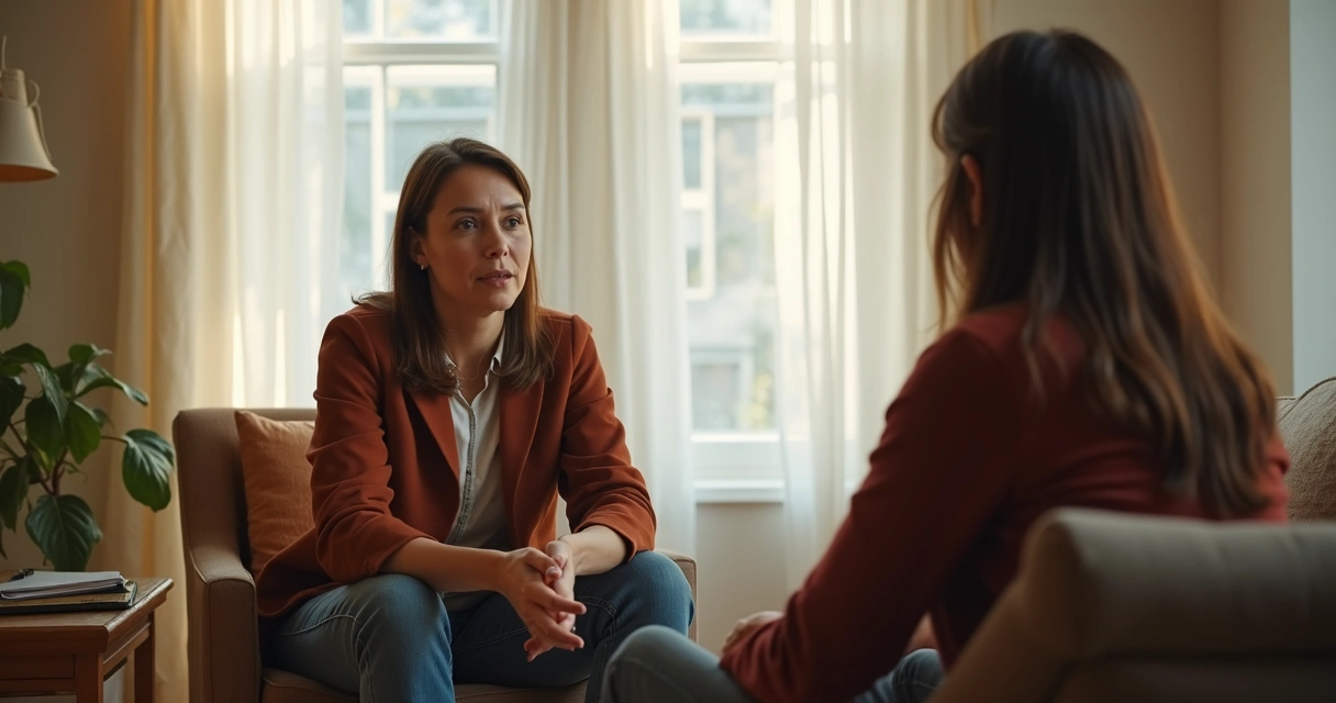 Duas pessoas conversando com atenção em ambiente tranquilo 