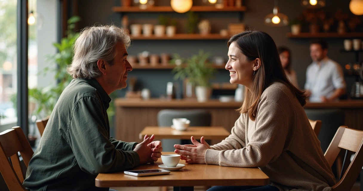 Duas pessoas conversando com atenção plena em uma cafeteria tranquila 