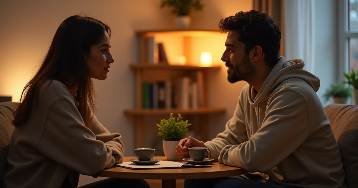 Duas pessoas conversando frente a frente com atenção plena e gesto de escuta cuidadosa 